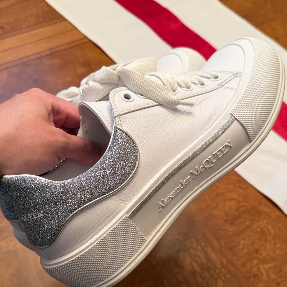 Alexander McQueen White and Silver Glitter Sneakers